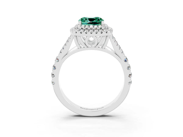 Platinum Double Halo Cushion Cut Green Sapphire Split Shank Engagement Ring with Four-Prong Setting