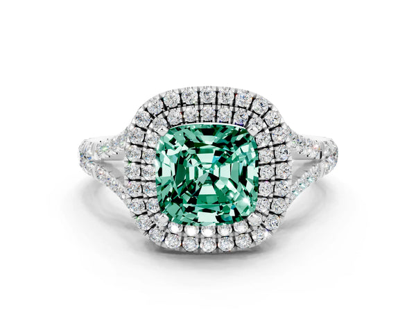 Silver Double Halo Cushion Cut Green Sapphire Split Shank Engagement Ring with Four-Prong Setting