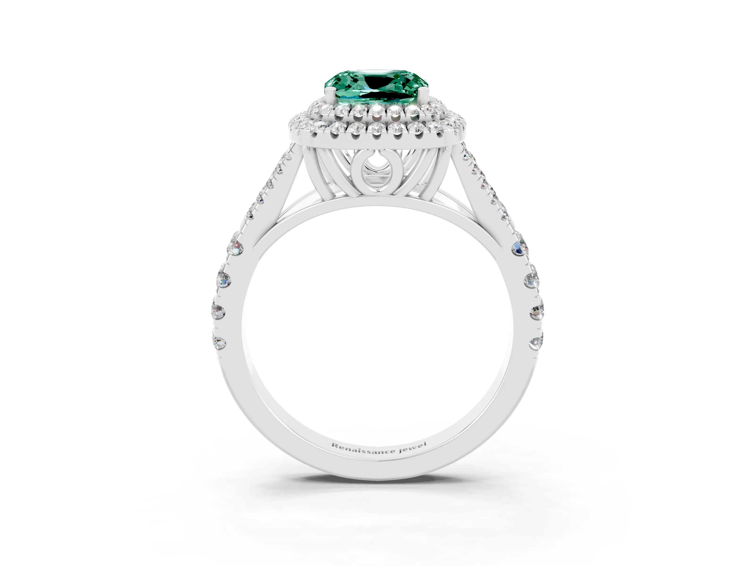 White gold Double Halo Cushion Cut Green Sapphire Split Shank Engagement Ring with Four-Prong Setting_3