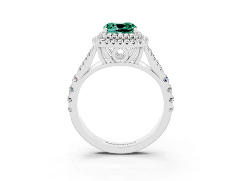 White gold Double Halo Cushion Cut Green Sapphire Split Shank Engagement Ring with Four-Prong Setting_3