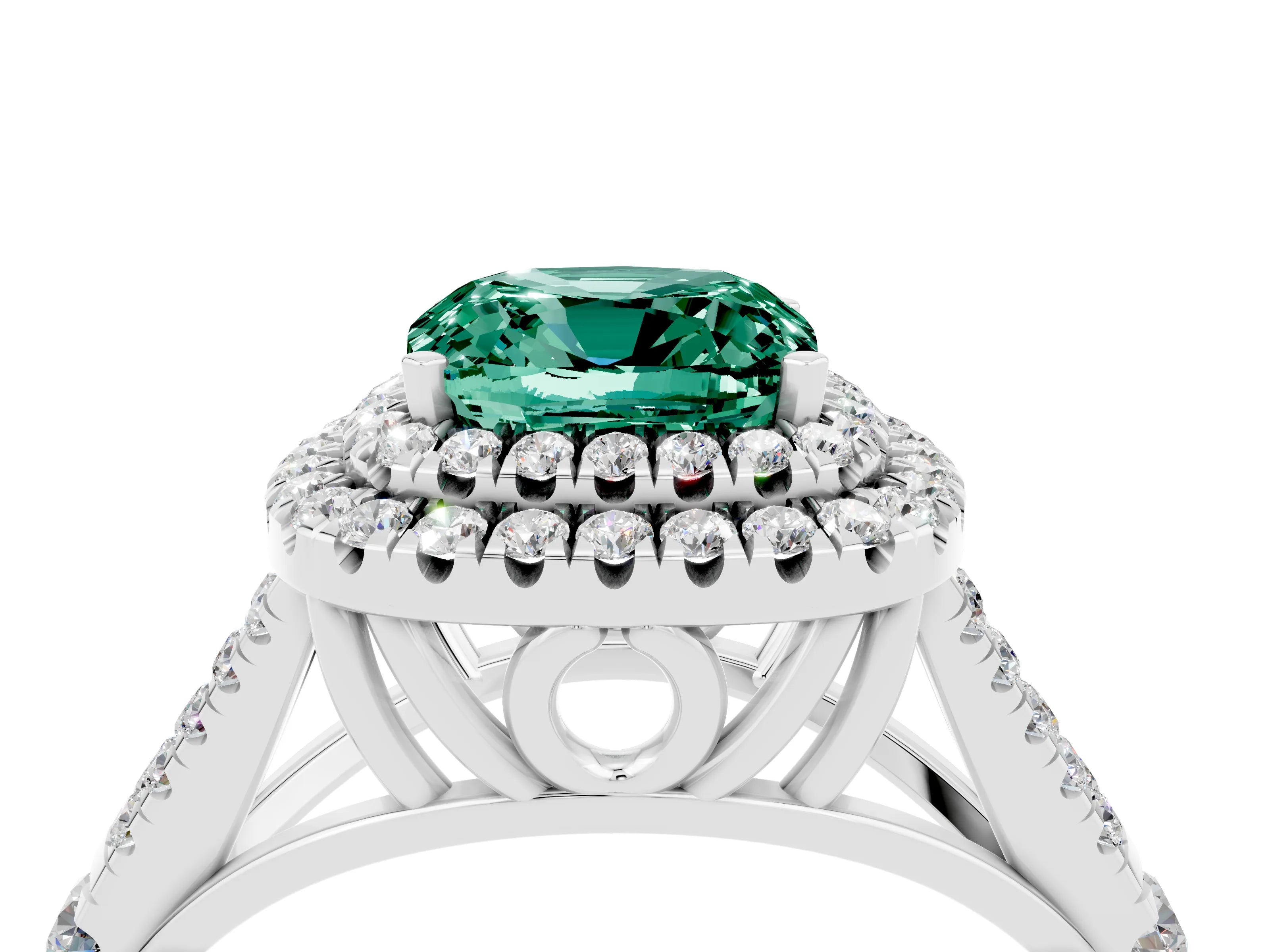 White gold Double Halo Cushion Cut Green Sapphire Split Shank Engagement Ring with Four-Prong Setting_4