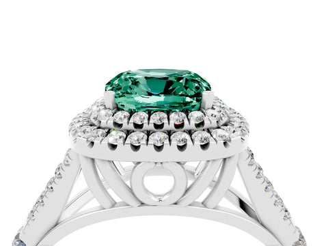 White gold Double Halo Cushion Cut Green Sapphire Split Shank Engagement Ring with Four-Prong Setting_4