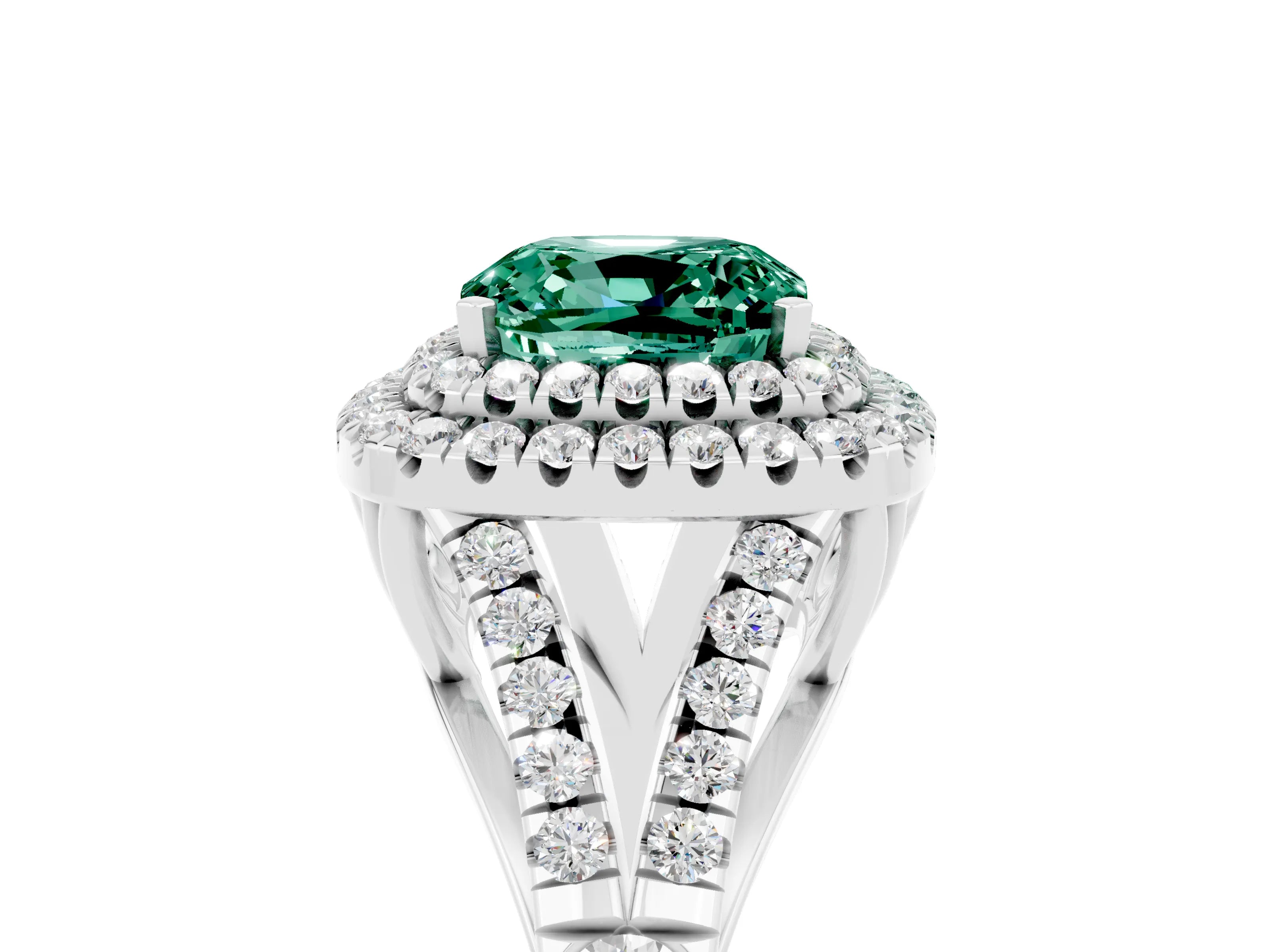 White gold Double Halo Cushion Cut Green Sapphire Split Shank Engagement Ring with Four-Prong Setting_5