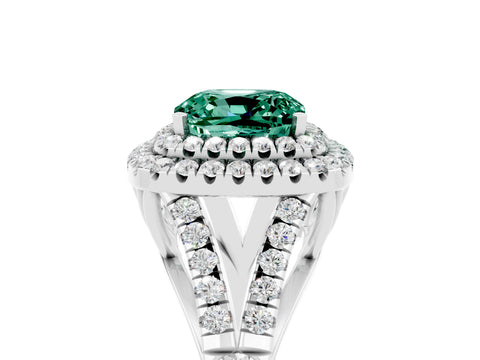 White gold Double Halo Cushion Cut Green Sapphire Split Shank Engagement Ring with Four-Prong Setting_5