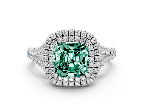 White gold Double Halo Cushion Cut Green Sapphire Split Shank Engagement Ring with Four-Prong Setting
