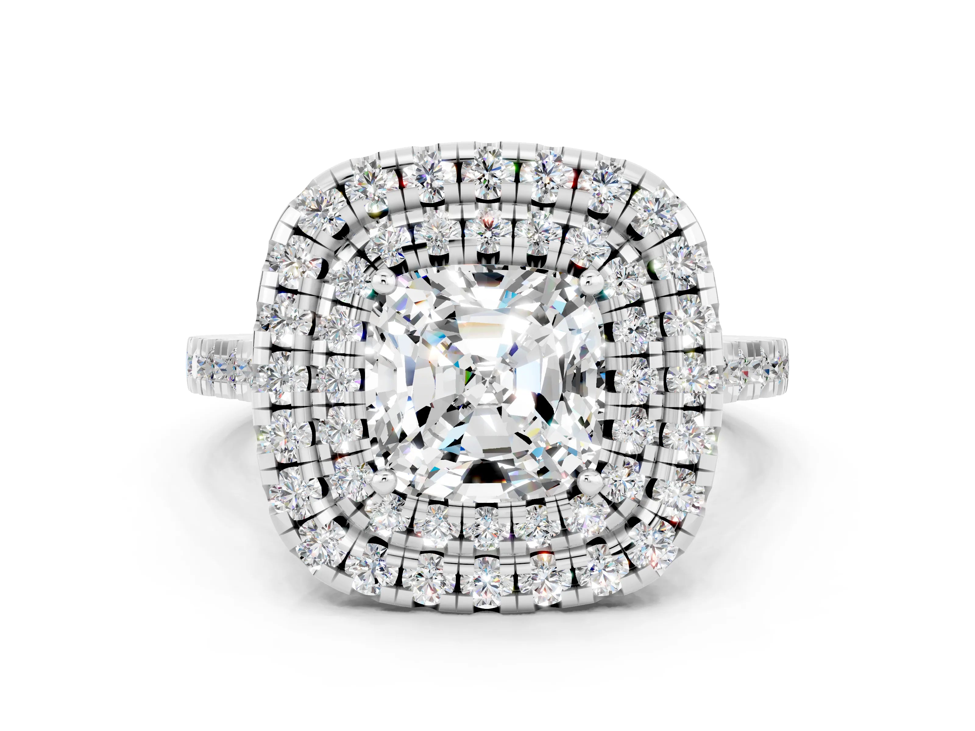 White gold Double Halo Cushion Cut Moissanite Pavé Band with Four-Prong Setting