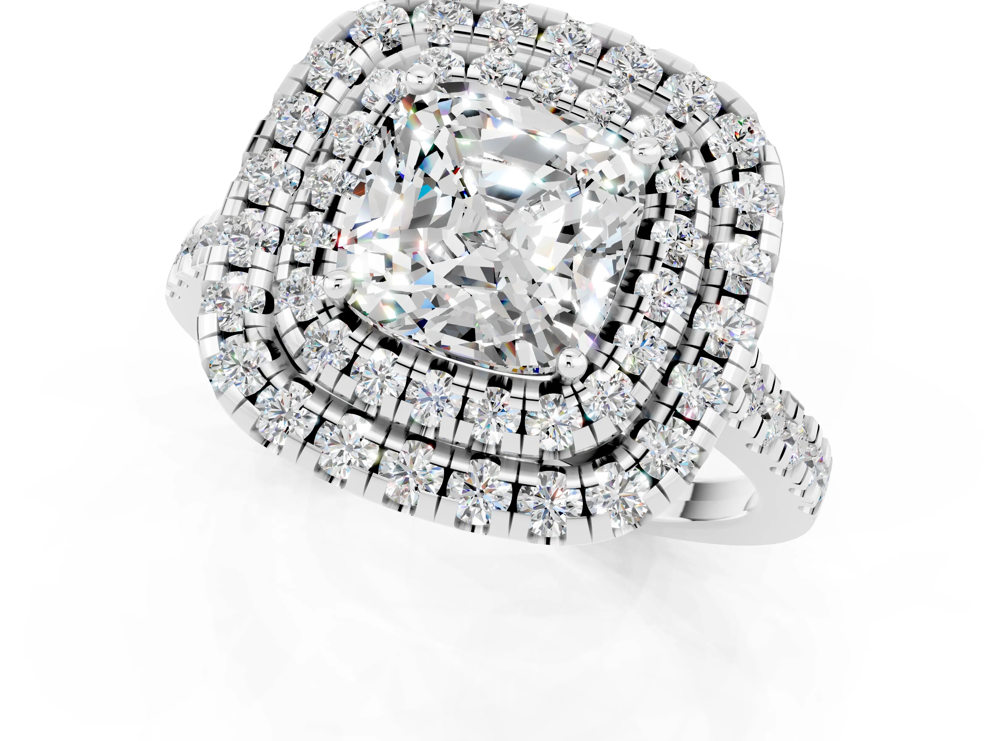 White gold Double Halo Cushion Cut Moissanite Pavé Band with Four-Prong Setting_1