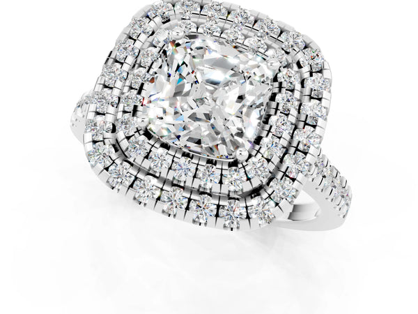 Silver Double Halo Cushion Cut Moissanite Pavé Band with Four-Prong Setting