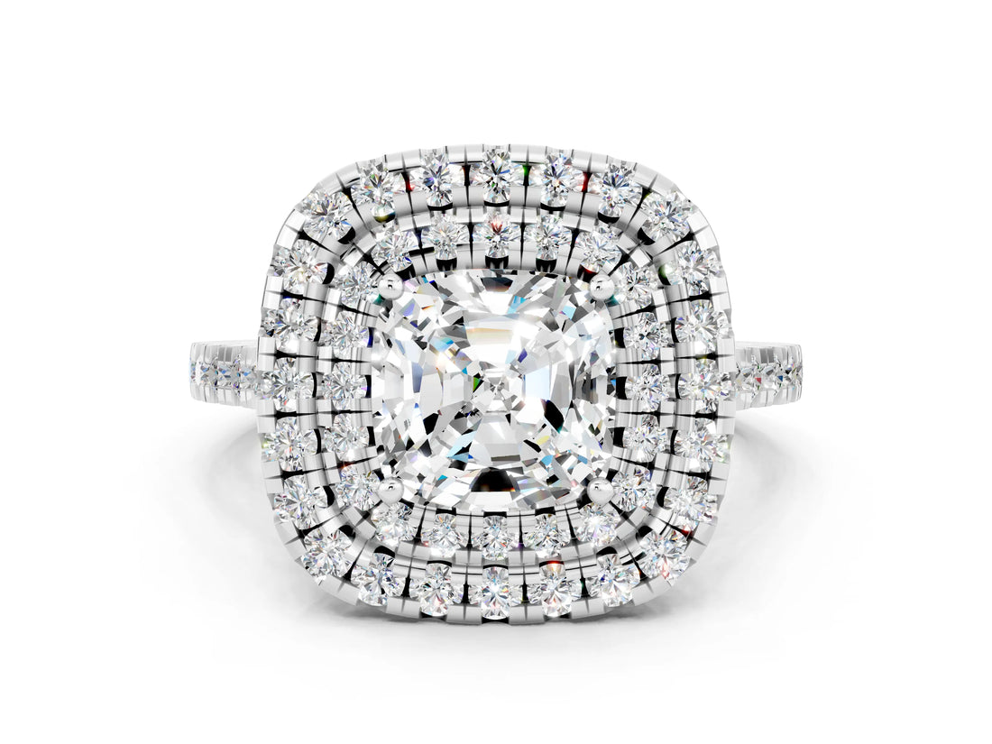White gold Double Halo Cushion Cut Moissanite Pavé Band with Four-Prong Setting