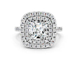White gold Double Halo Cushion Cut Moissanite Pavé Band with Four-Prong Setting