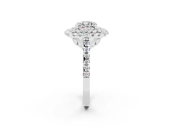 Silver Double Halo Cushion Cut Moissanite Pavé Band with Four-Prong Setting