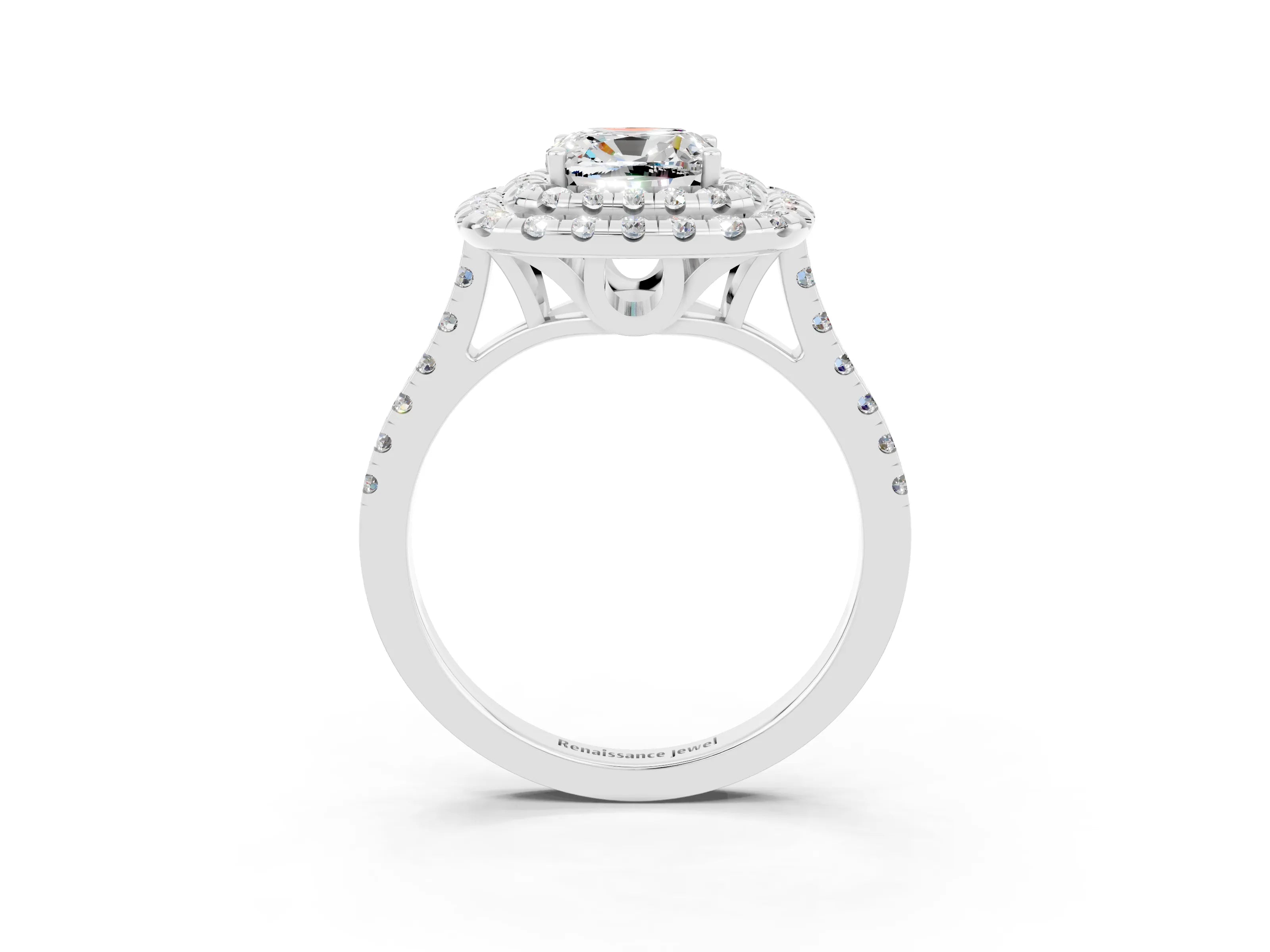 White gold Double Halo Cushion Cut Moissanite Pavé Band with Four-Prong Setting_3
