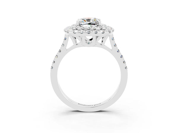 White gold Double Halo Cushion Cut Moissanite Pavé Band with Four-Prong Setting