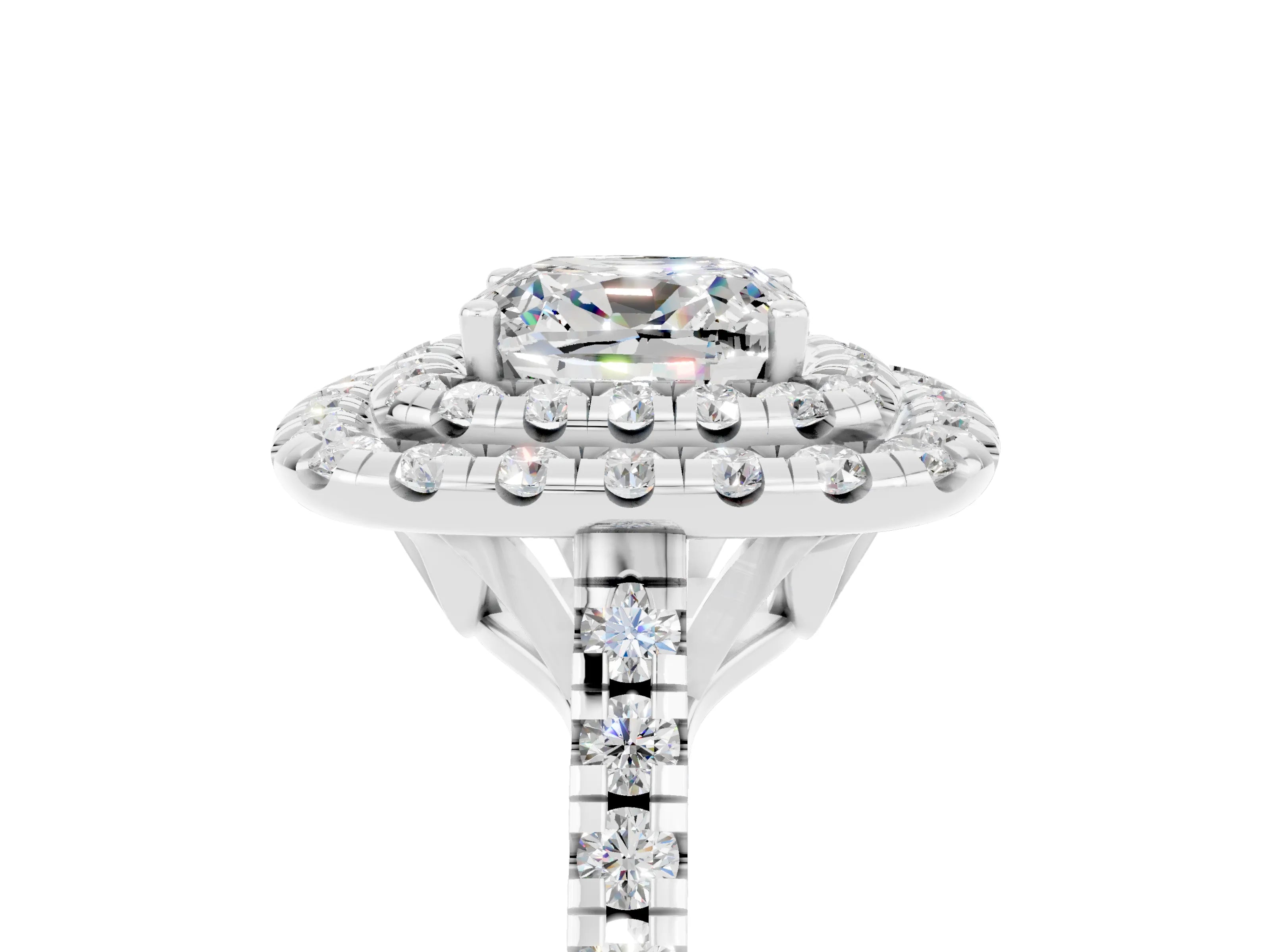 White gold Double Halo Cushion Cut Moissanite Pavé Band with Four-Prong Setting_5