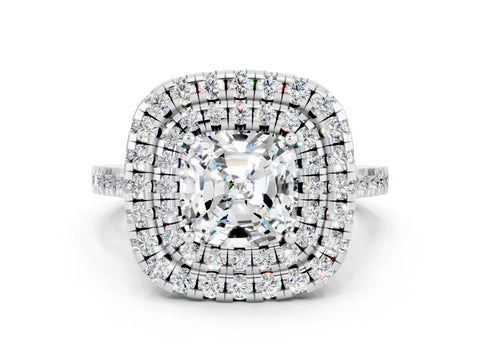 White gold Double Halo Cushion Cut Moissanite Pavé Band with Four-Prong Setting