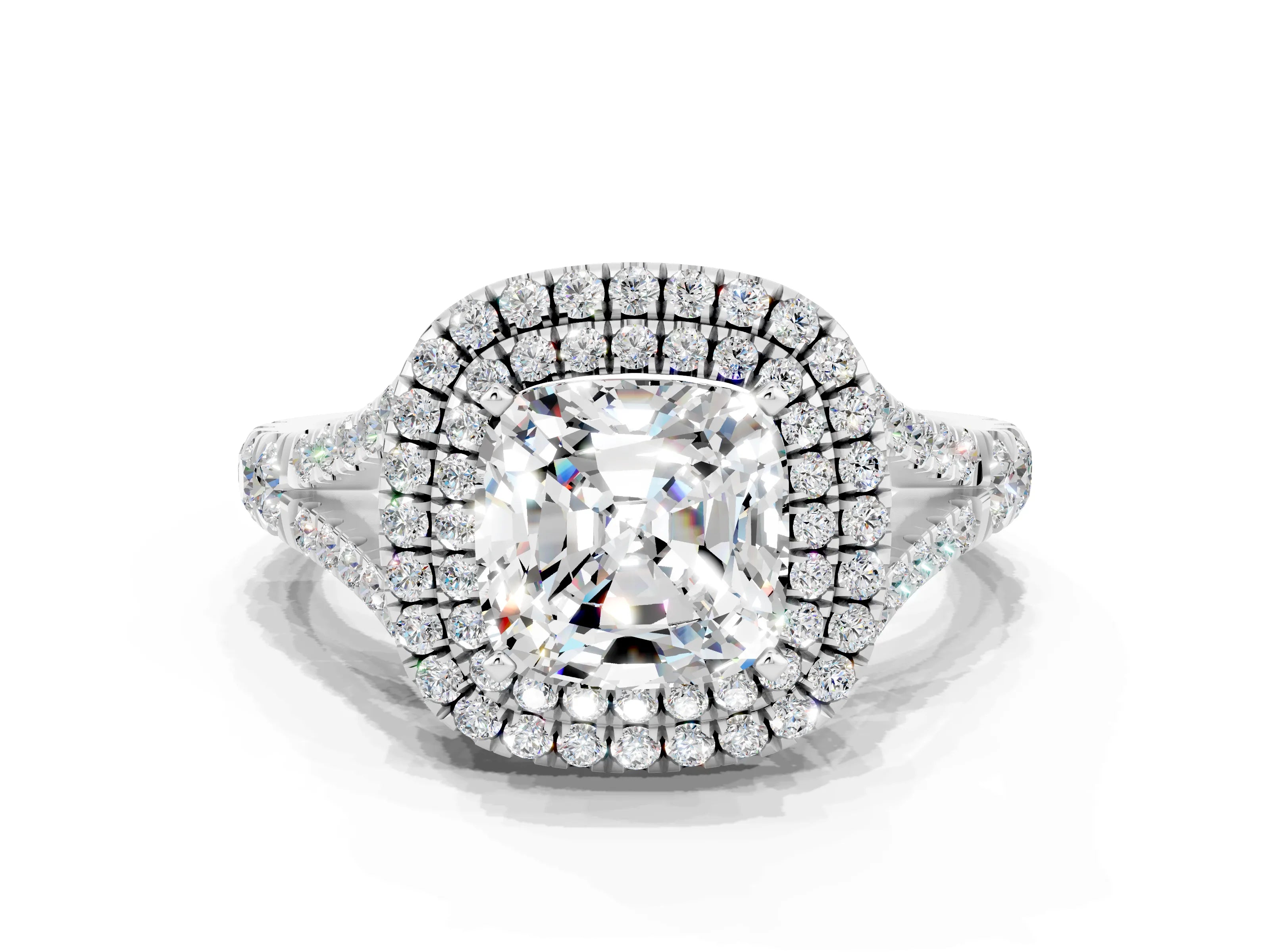 White gold Double Halo Cushion Cut Moissanite Pavé Split Shank Ring with Prong Setting