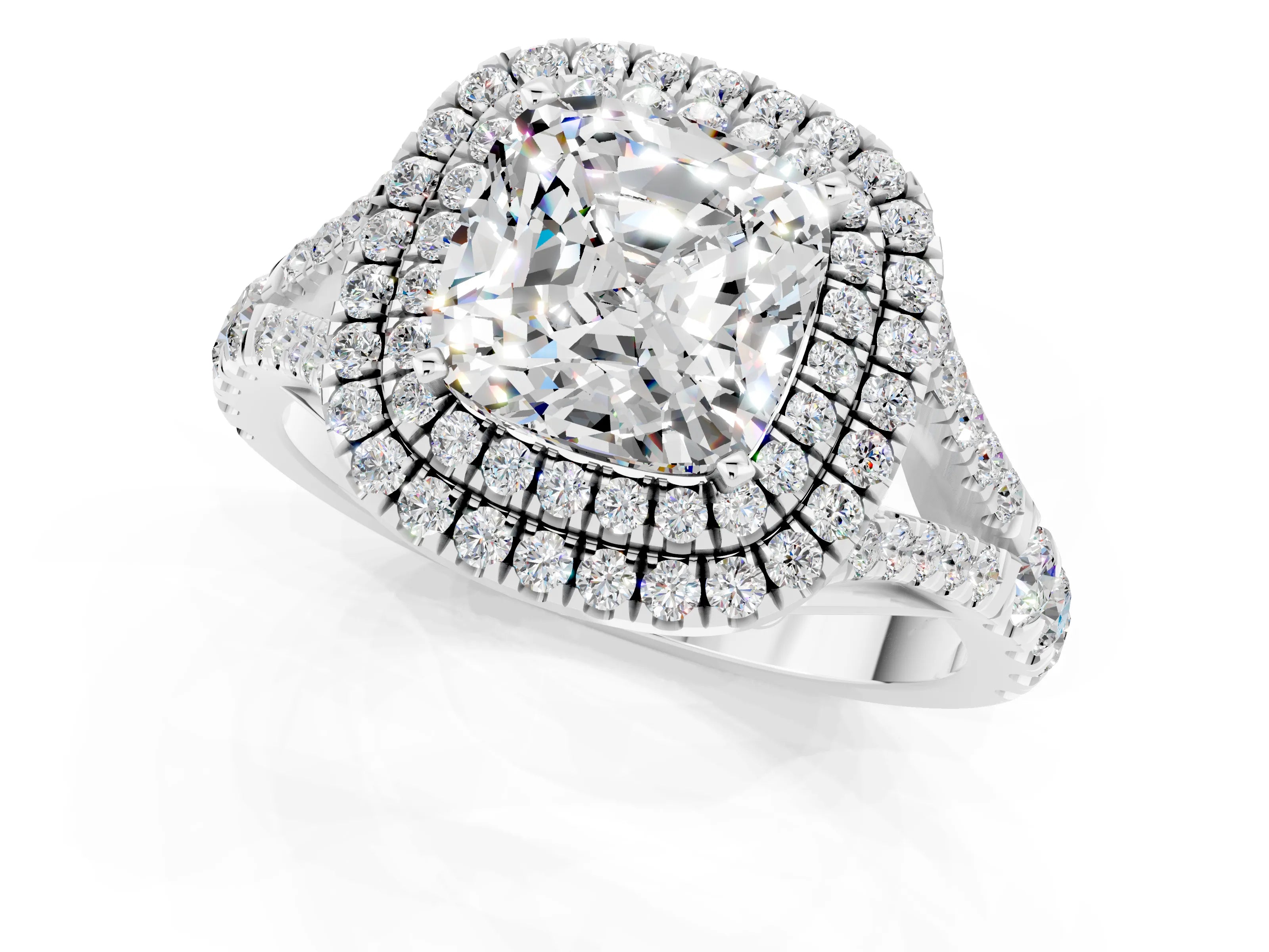 White gold Double Halo Cushion Cut Moissanite Pavé Split Shank Ring with Prong Setting_1