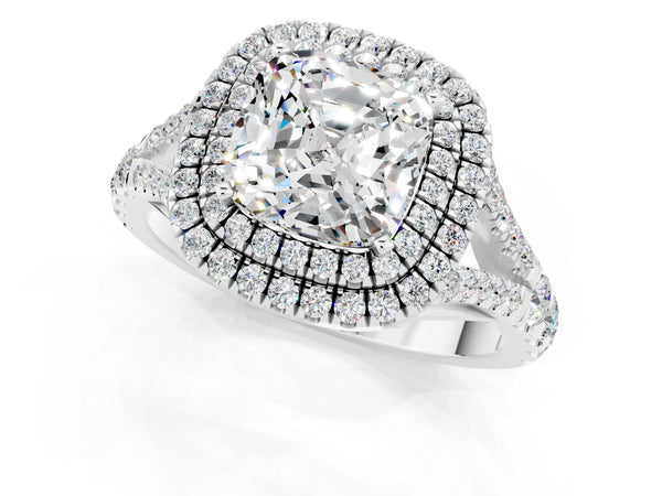 White gold Double Halo Cushion Cut Moissanite Pavé Split Shank Ring with Prong Setting
