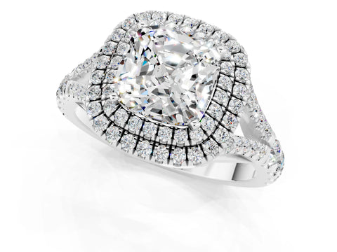 White gold Double Halo Cushion Cut Moissanite Pavé Split Shank Ring with Prong Setting_1