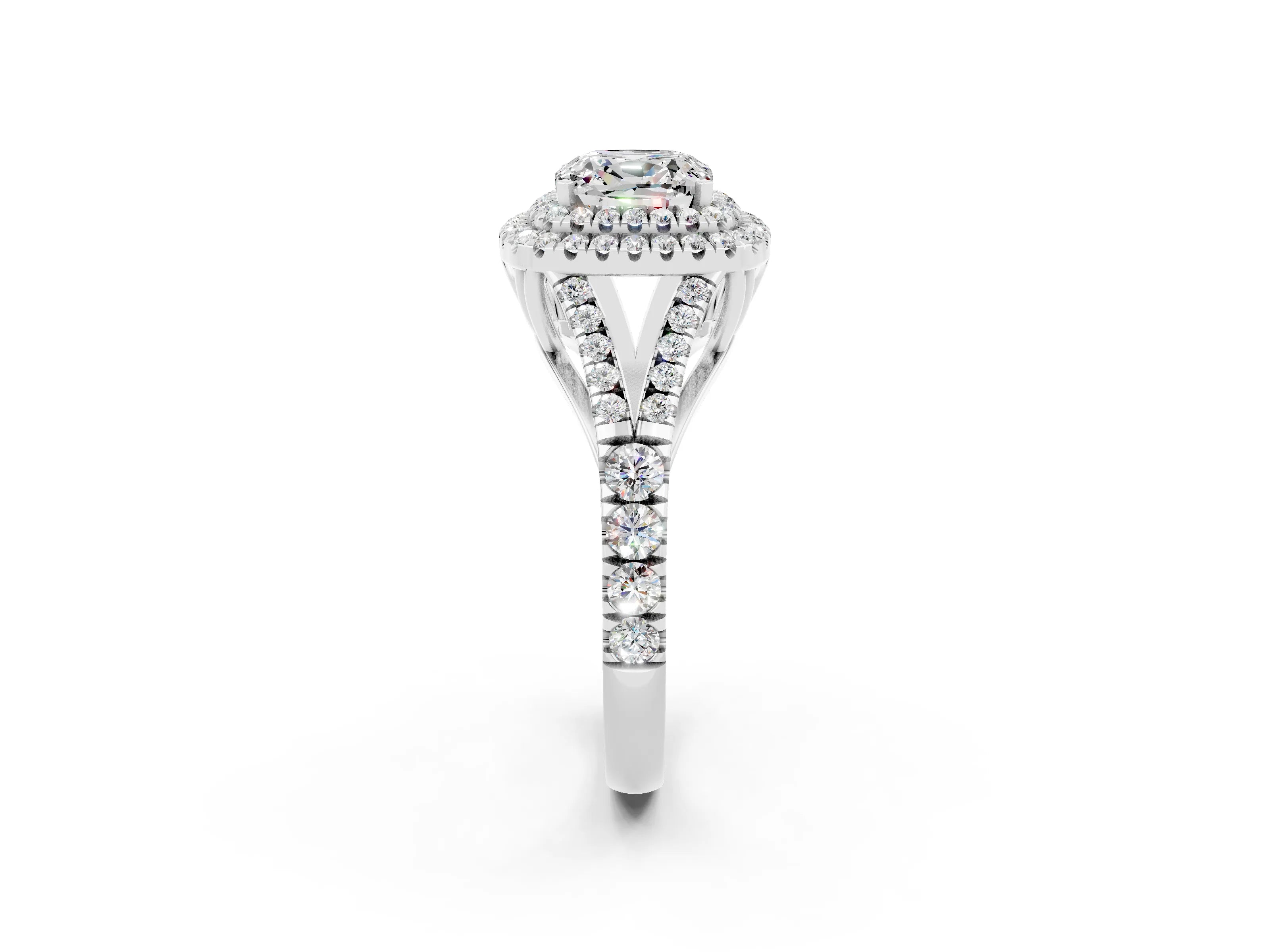 White gold Double Halo Cushion Cut Moissanite Pavé Split Shank Ring with Prong Setting_2