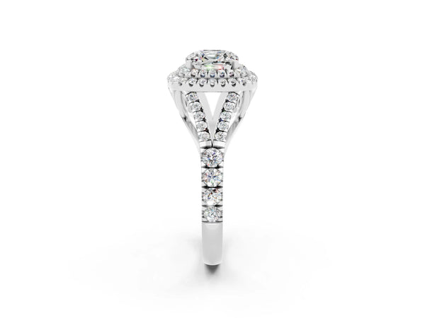 Silver Double Halo Cushion Cut Moissanite Pavé Split Shank Ring with Prong Setting
