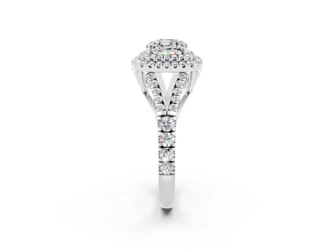 White gold Double Halo Cushion Cut Moissanite Pavé Split Shank Ring with Prong Setting_2