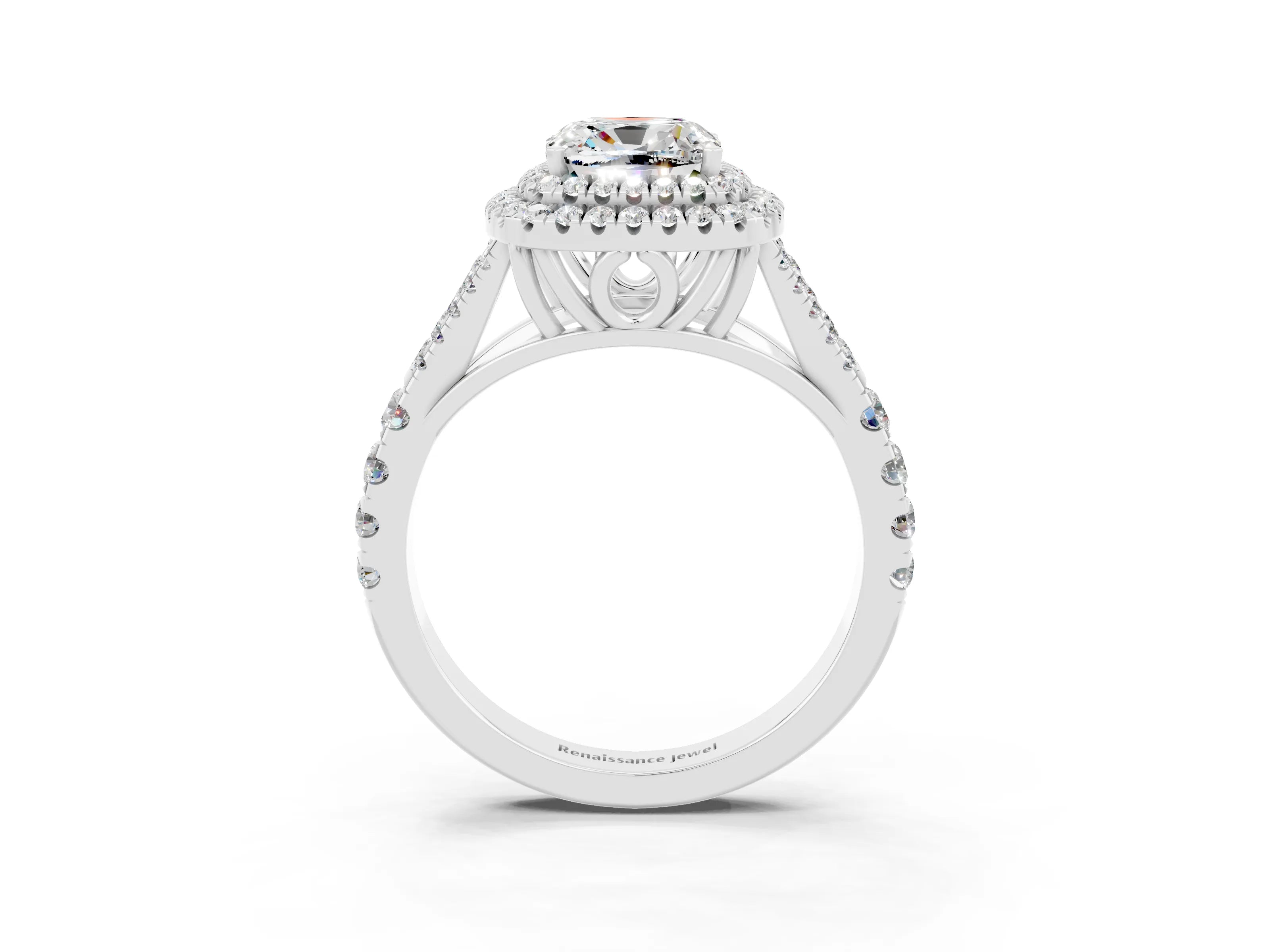White gold Double Halo Cushion Cut Moissanite Pavé Split Shank Ring with Prong Setting_3