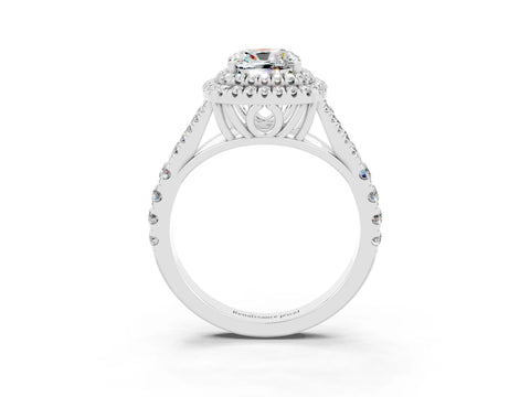 White gold Double Halo Cushion Cut Moissanite Pavé Split Shank Ring with Prong Setting_3