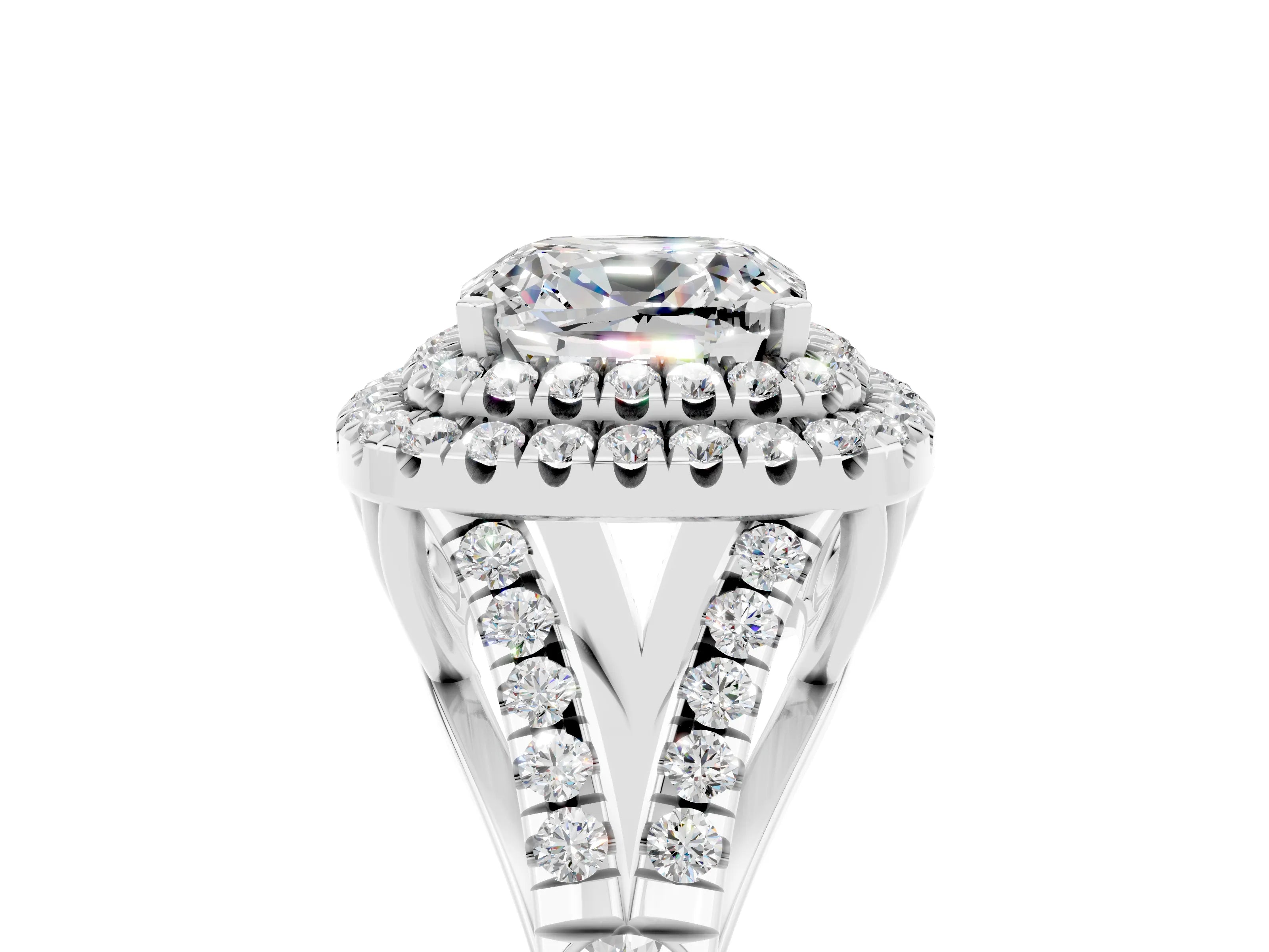 White gold Double Halo Cushion Cut Moissanite Pavé Split Shank Ring with Prong Setting_5