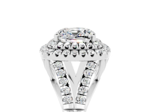 White gold Double Halo Cushion Cut Moissanite Pavé Split Shank Ring with Prong Setting_5