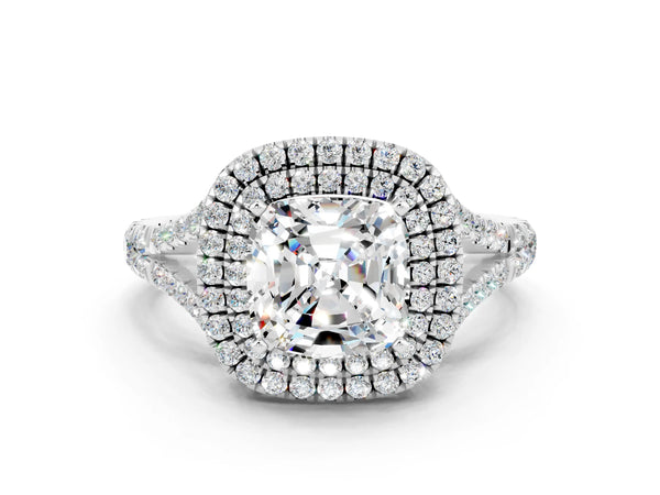 Platinum Double Halo Cushion Cut Moissanite Split Shank Engagement Ring with Four-Prong Setting