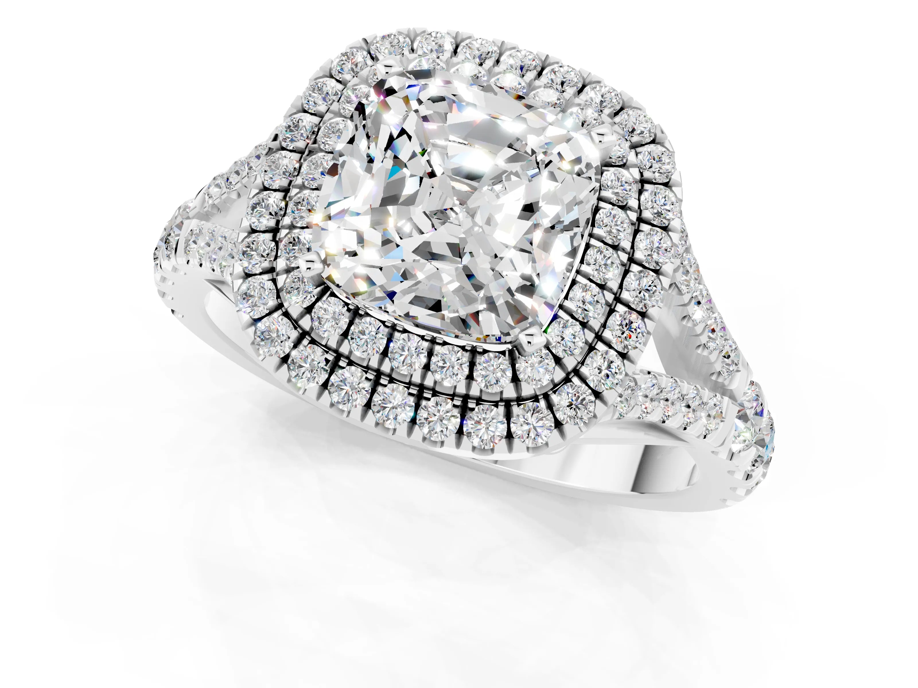White gold Double Halo Cushion Cut Moissanite Split Shank Engagement Ring with Four-Prong Setting_1