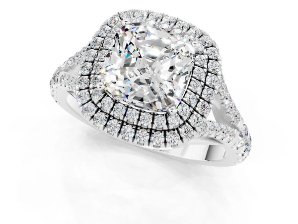 White gold Double Halo Cushion Cut Moissanite Split Shank Engagement Ring with Four-Prong Setting