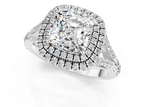 White gold Double Halo Cushion Cut Moissanite Split Shank Engagement Ring with Four-Prong Setting_1