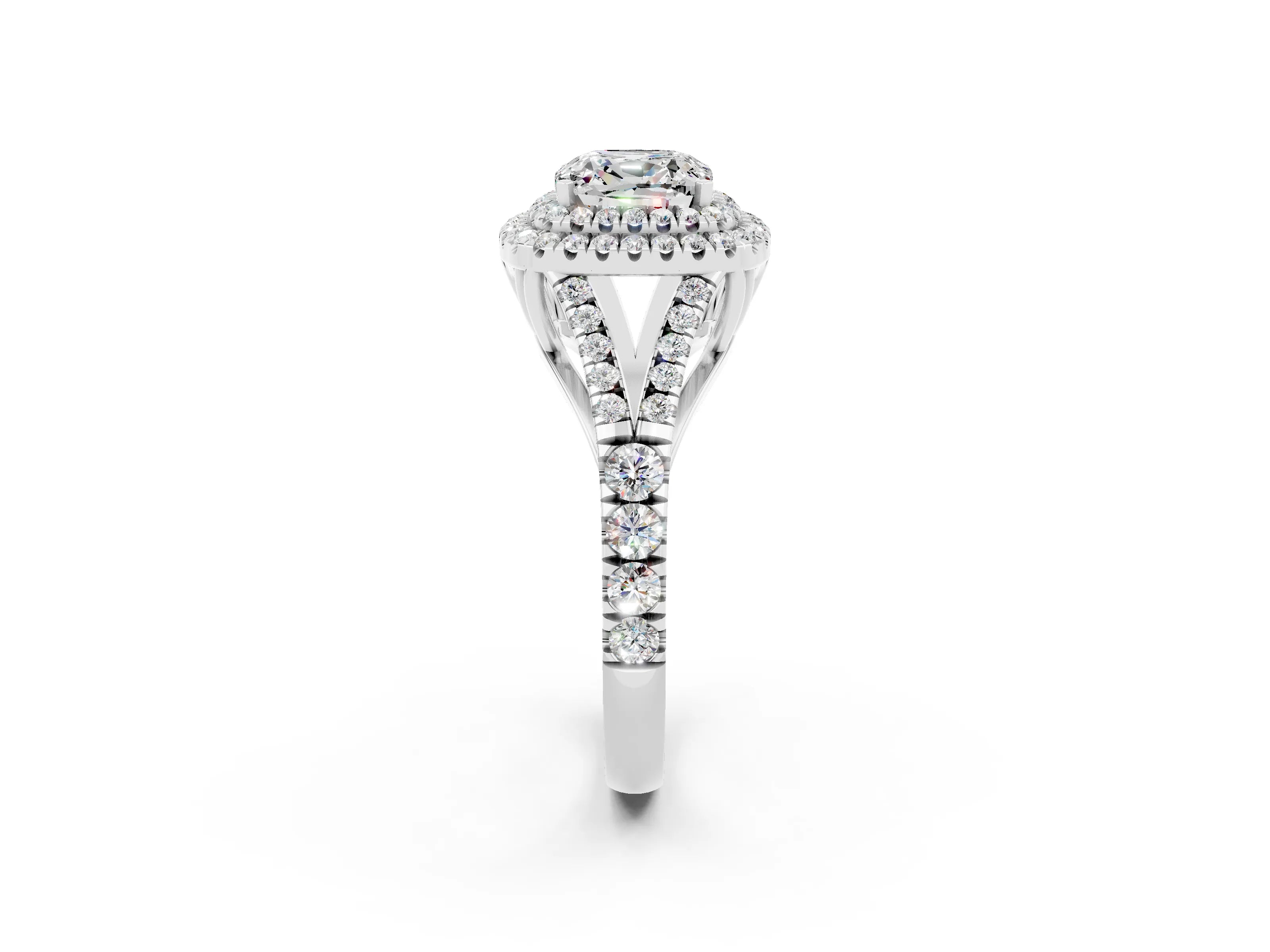 White gold Double Halo Cushion Cut Moissanite Split Shank Engagement Ring with Four-Prong Setting_2