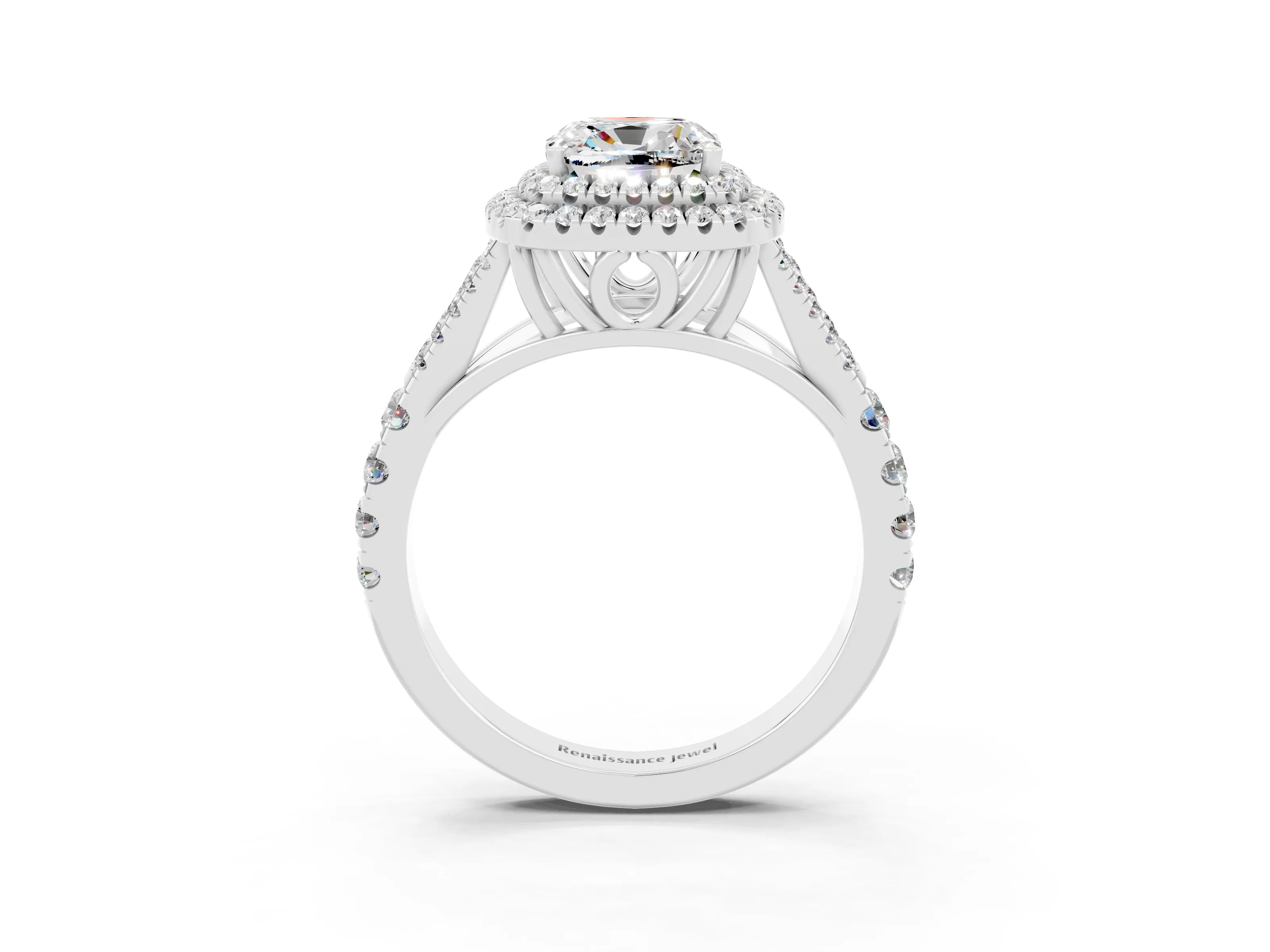 White gold Double Halo Cushion Cut Moissanite Split Shank Engagement Ring with Four-Prong Setting_3