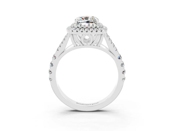 Silver Double Halo Cushion Cut Moissanite Split Shank Engagement Ring with Four-Prong Setting
