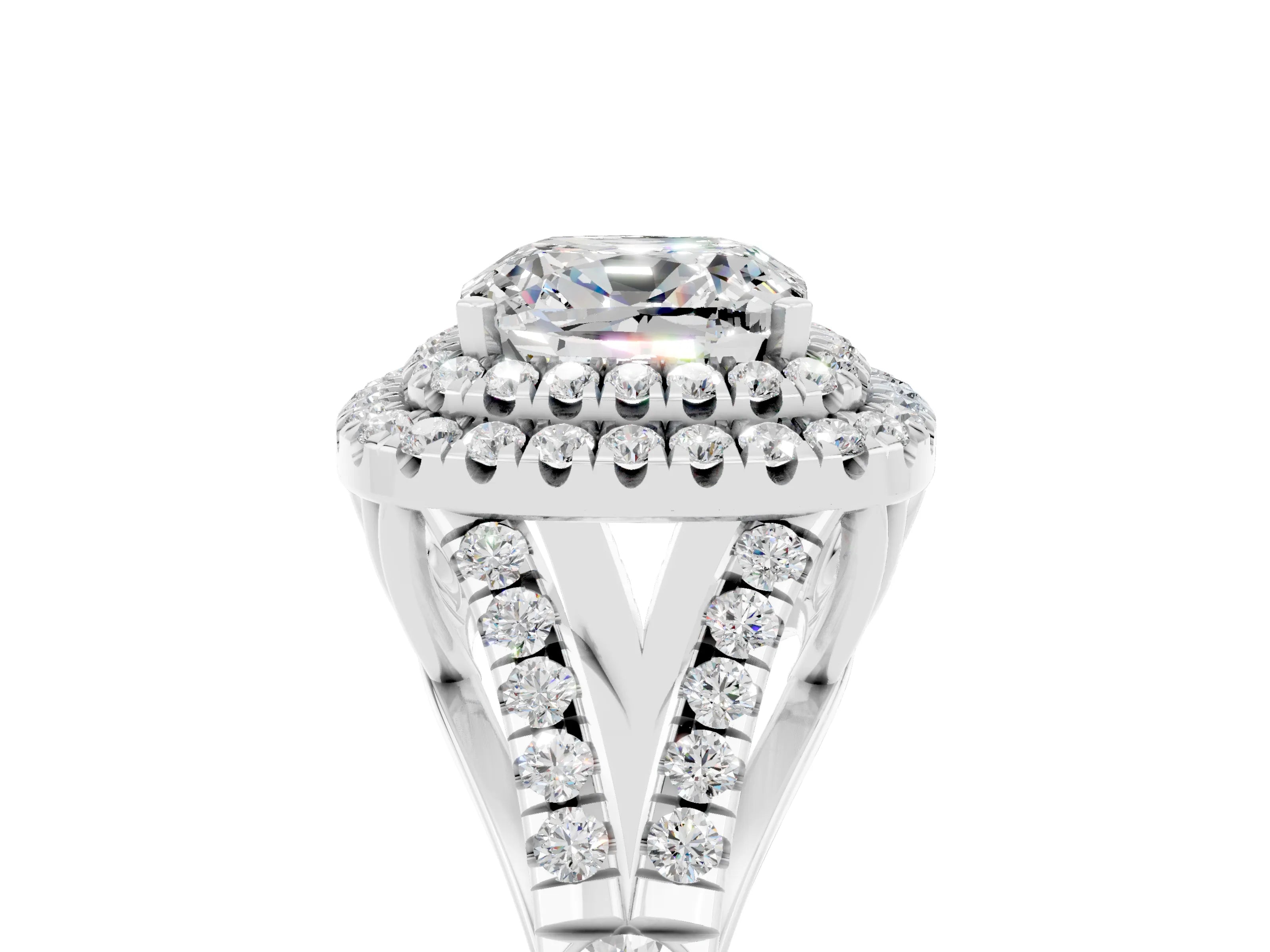 White gold Double Halo Cushion Cut Moissanite Split Shank Engagement Ring with Four-Prong Setting_5