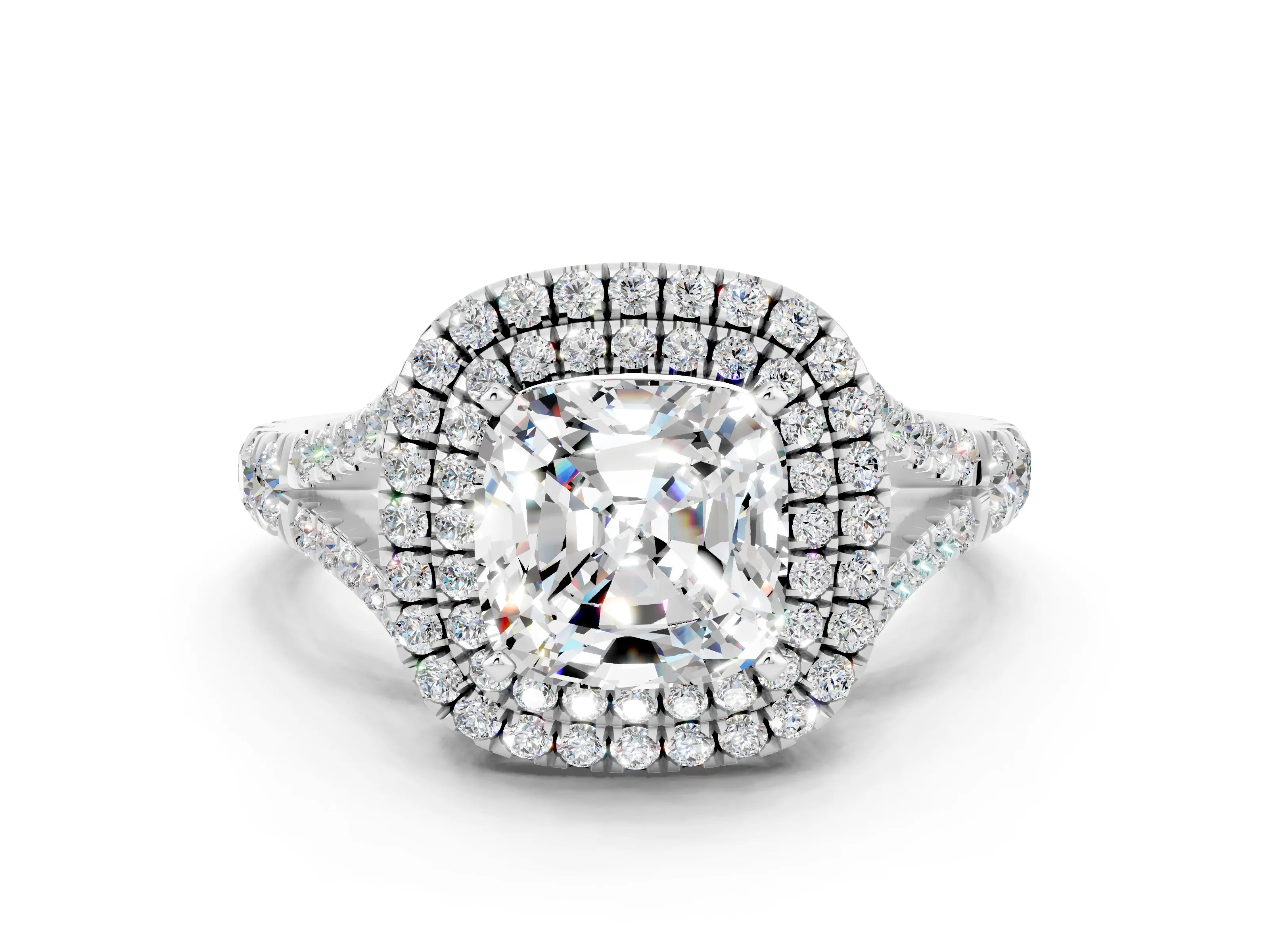 White gold Double Halo Cushion Cut Moissanite Split Shank Engagement Ring with Four-Prong Setting
