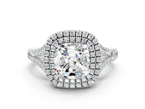 White gold Double Halo Cushion Cut Moissanite Split Shank Engagement Ring with Four-Prong Setting