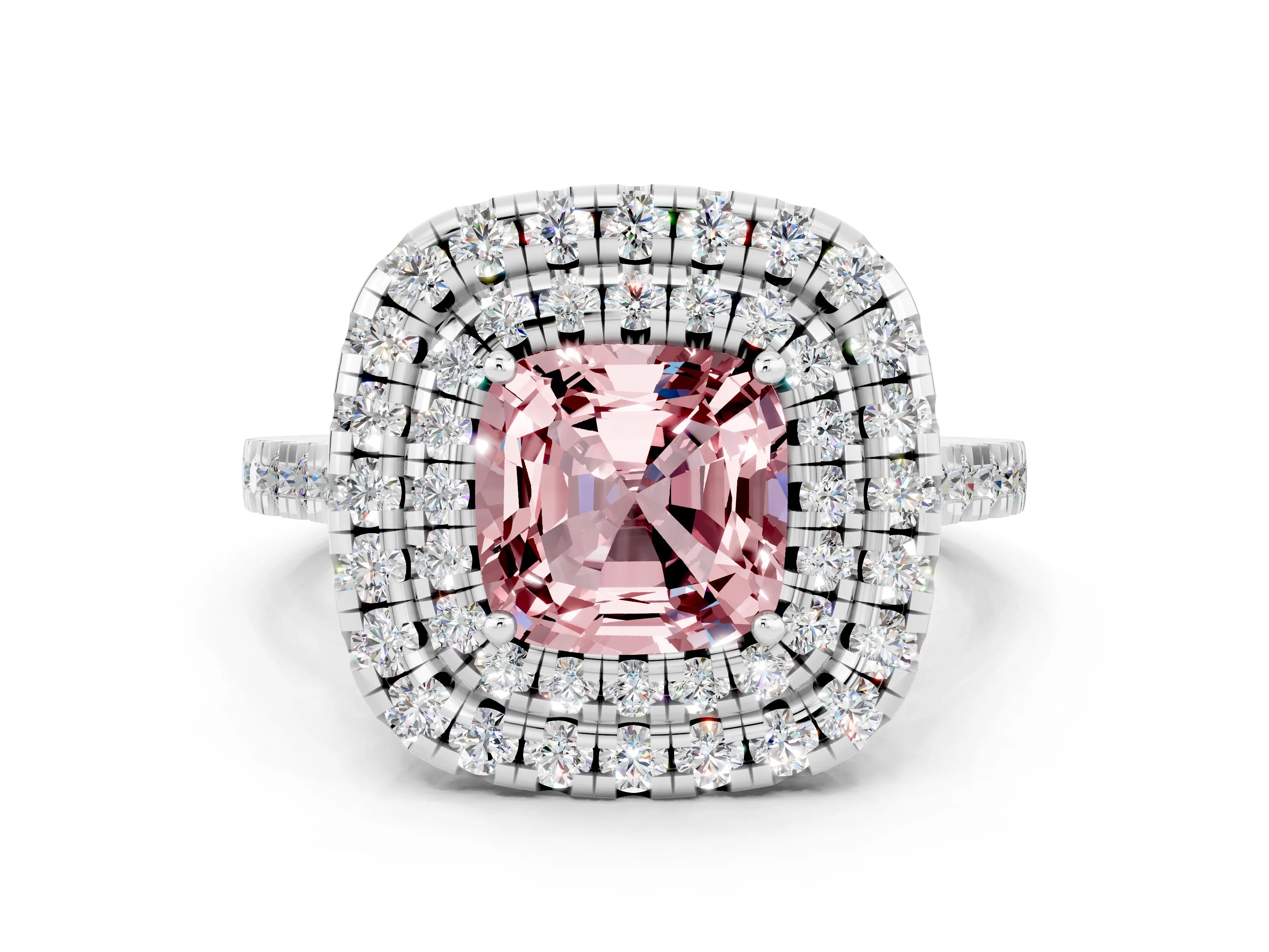 White gold Double Halo Cushion Cut Morganite Pavé Band with Four-Prong Setting