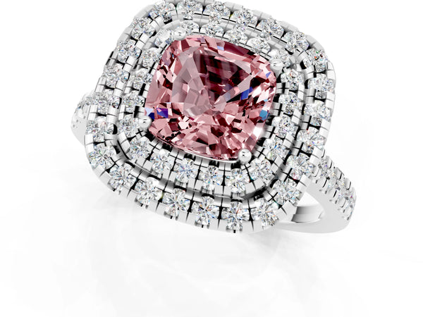 Platinum Double Halo Cushion Cut Morganite Pavé Band with Four-Prong Setting