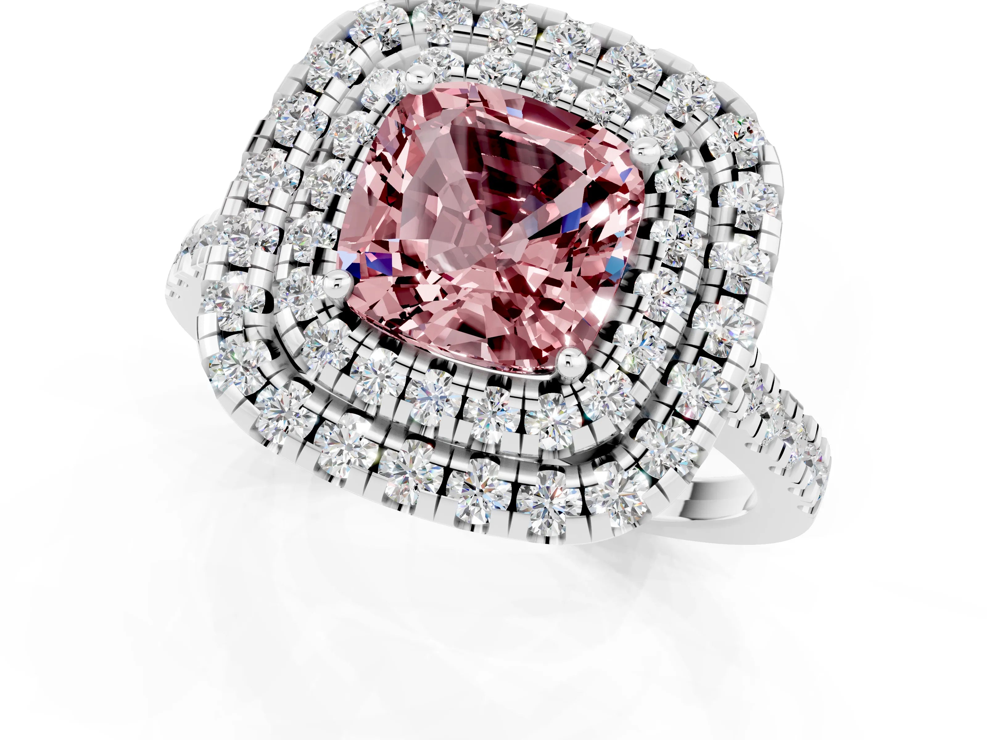 White gold Double Halo Cushion Cut Morganite Pavé Band with Four-Prong Setting_1
