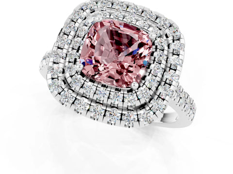 White gold Double Halo Cushion Cut Morganite Pavé Band with Four-Prong Setting_1