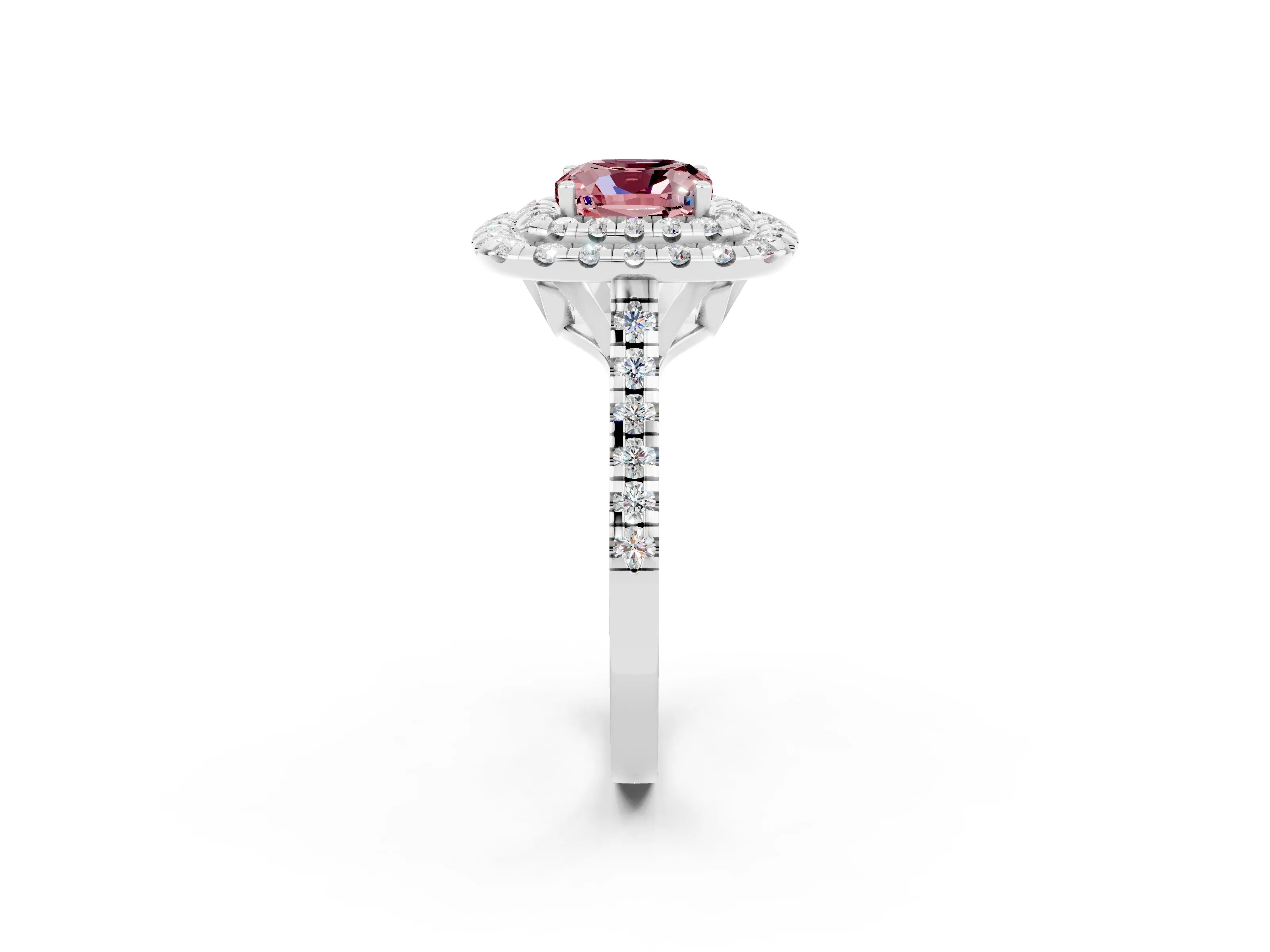 White gold Double Halo Cushion Cut Morganite Pavé Band with Four-Prong Setting_2