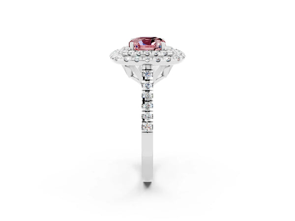 Silver Double Halo Cushion Cut Morganite Pavé Band with Four-Prong Setting