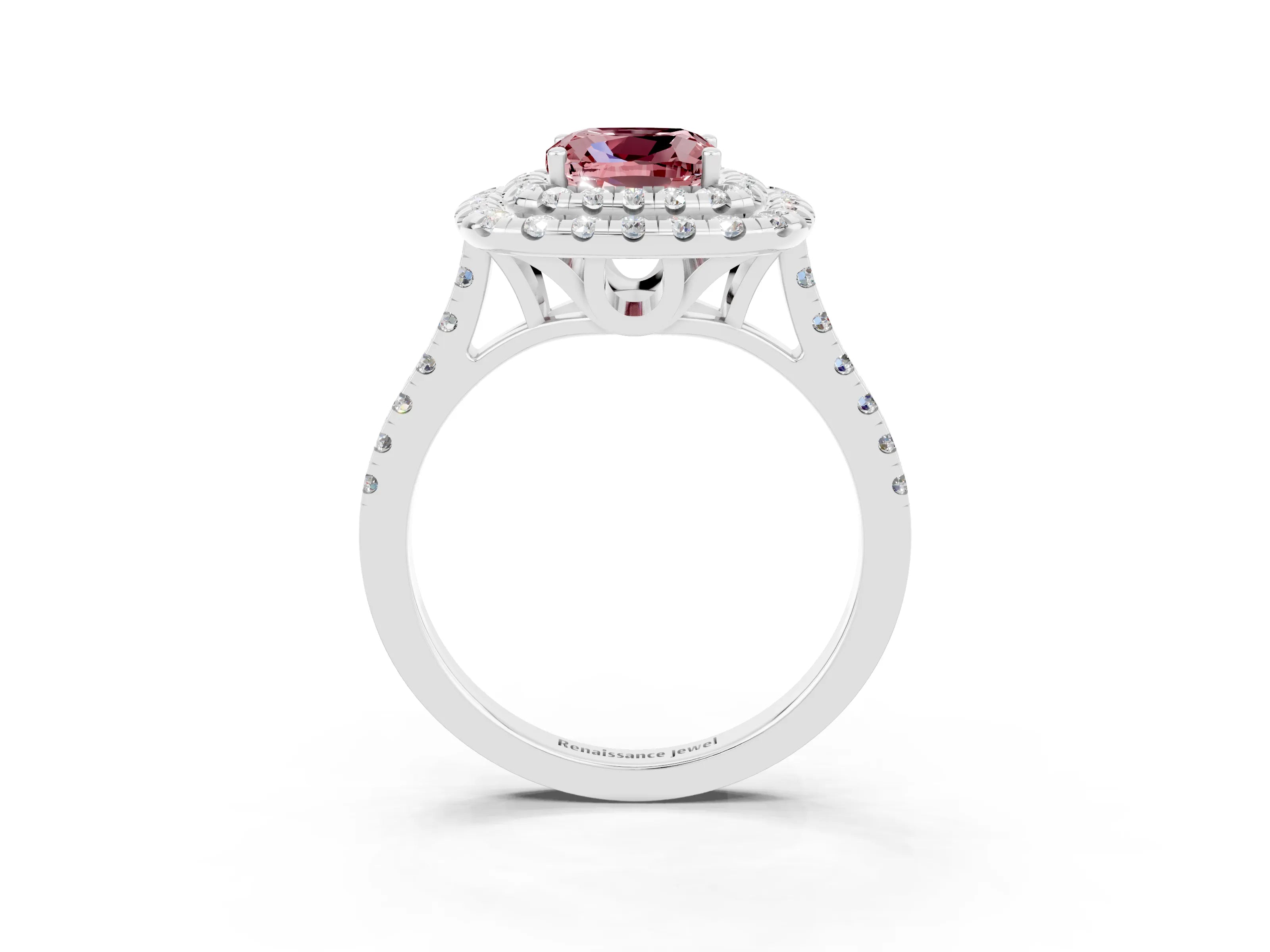 White gold Double Halo Cushion Cut Morganite Pavé Band with Four-Prong Setting_3