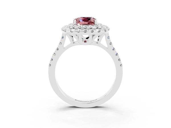 White gold Double Halo Cushion Cut Morganite Pavé Band with Four-Prong Setting