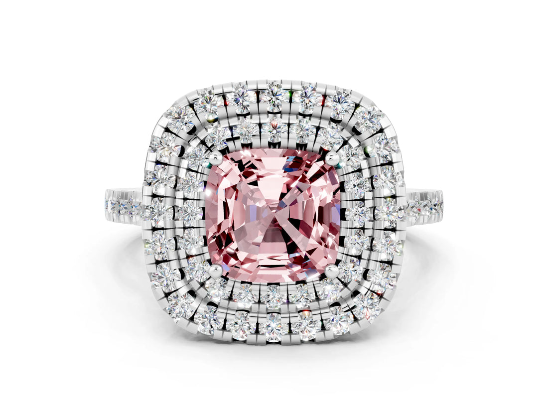 White gold Double Halo Cushion Cut Morganite Pavé Band with Four-Prong Setting