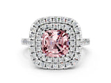 White gold Double Halo Cushion Cut Morganite Pavé Band with Four-Prong Setting